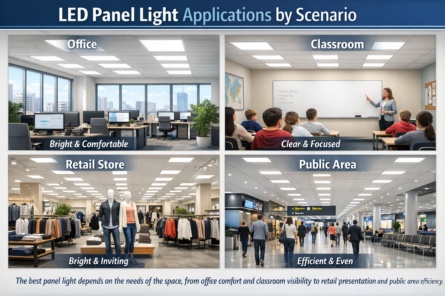 Comparison of LED panel light applications for office, classroom, retail, and public area lighting 
